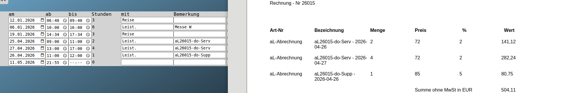 Zeiten erfassen und dann die Leistungsabrechnung erstellen
